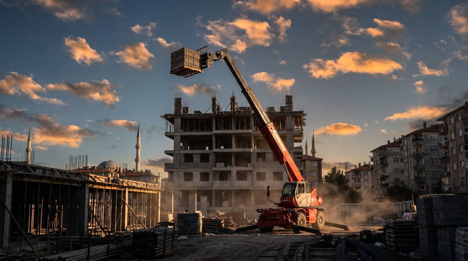 Şantiyede bomu uzatılmış kiralık manito paletli yük kaldırıyor